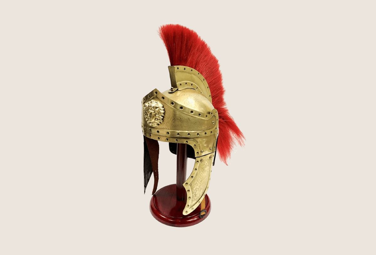 Antique Medieval Roman Centurion Vintage Helmet Armour Red Crest-Plume Gladiator with Wooden Stand