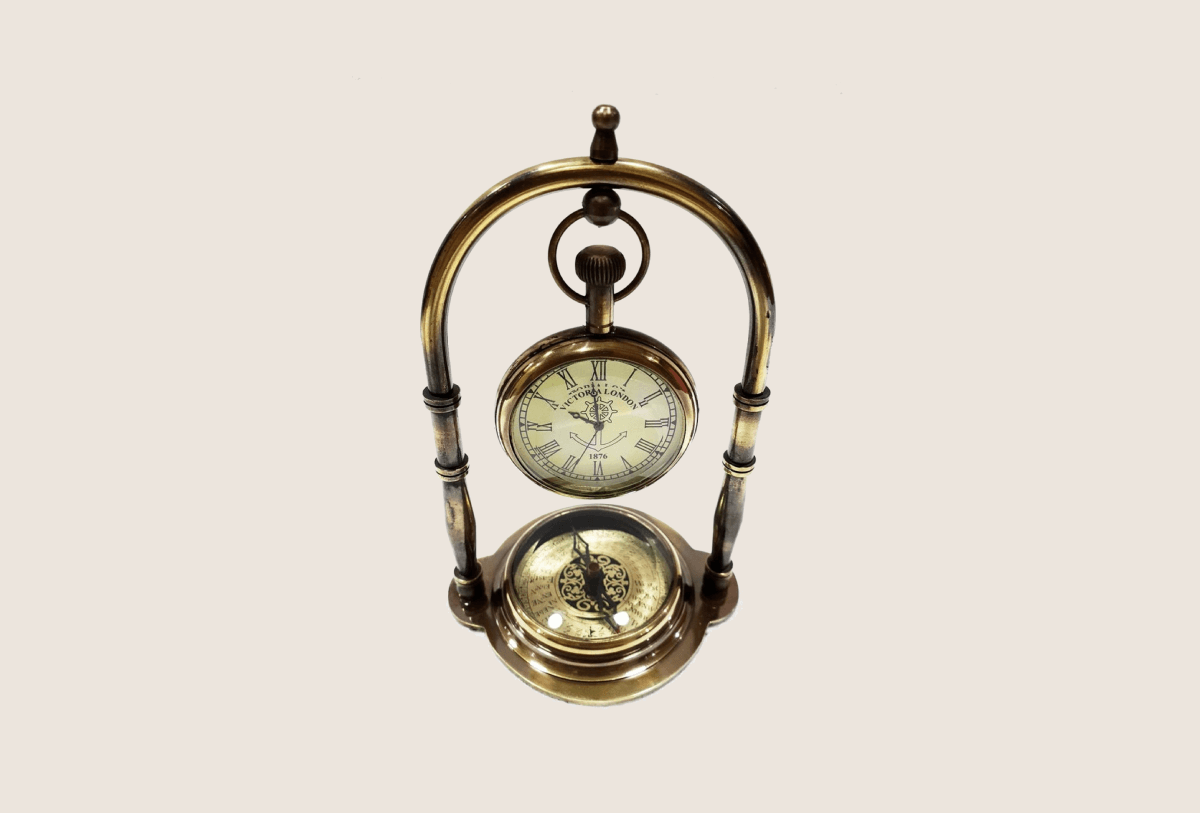 Antique Brass Table Clock Compass Style Nautical Maritime Ship Desk Clock Office Decor Solid Brass Beautifully Engraved Clock & Compass