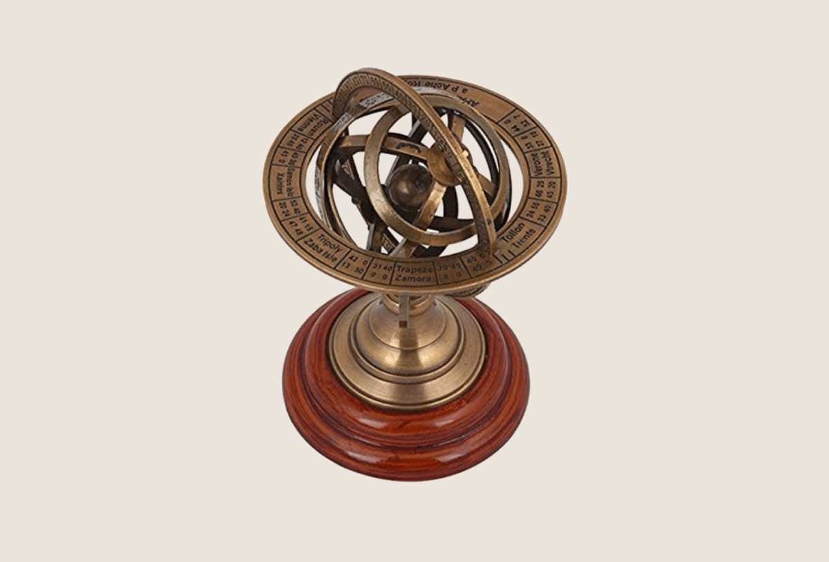 Brass Armillary Globe 8" Astrolabe Globe Zodiac Engraved Wooden Base~Nautical 