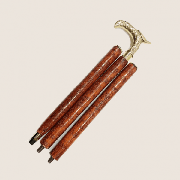 Antique Designer Victorian Brass Style Wooden Compaq Folding Brown Leather Walking Stick Vintage Canes